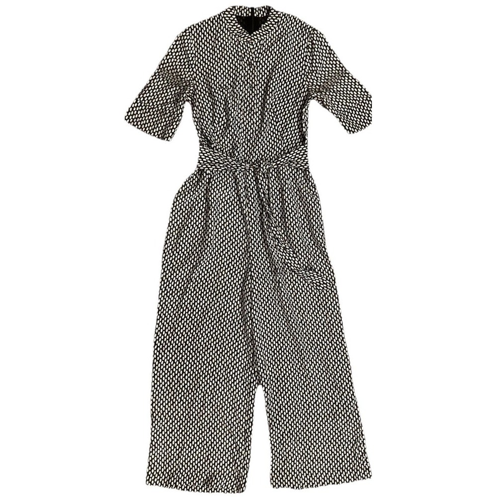 LK Bennett London 100% Silk Cropped Wide Leg Jumpsuit Polka Dot Belted US 2 UK 6